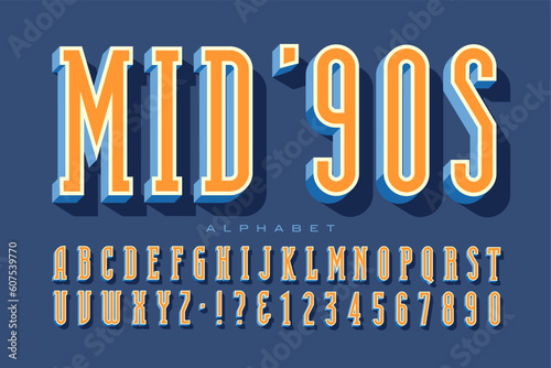 A colorful condensed font with 3d layer effects. This original alphabet is created in a geometric lettering style that was popular in the 1990s.