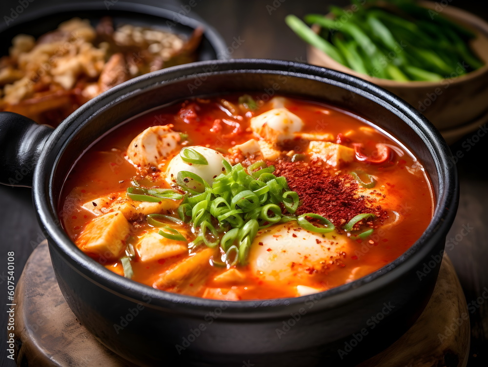 korean food. kimchi soup. korean table setting. Generative AI. korean food. kimchi soup. korean table setting. Generative AI.