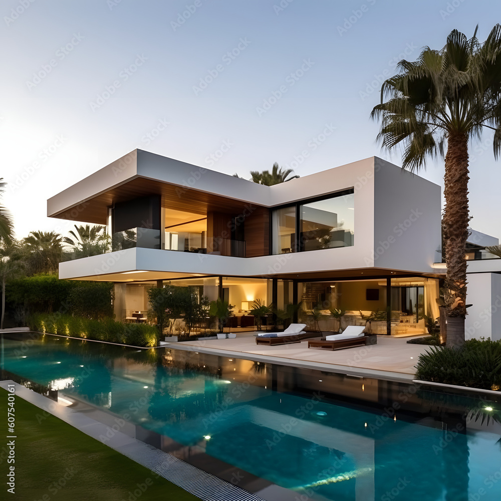 Contemporary Villa with pool and garden. Generative AI