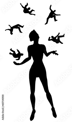 Editable vector silhouette of a sexy woman juggling five men