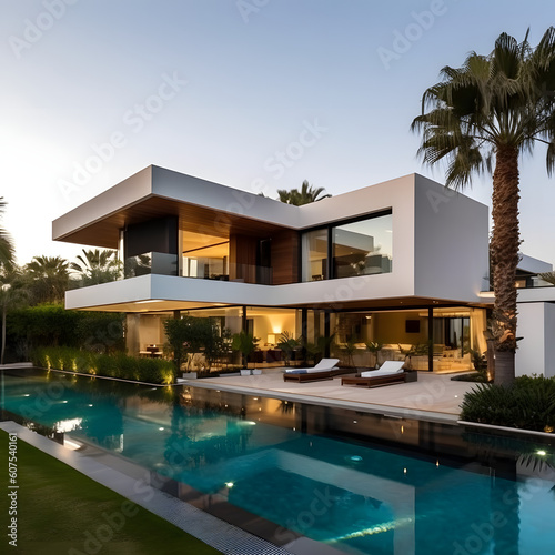 Contemporary Villa with pool and garden. Generative AI © Nico Vincentini