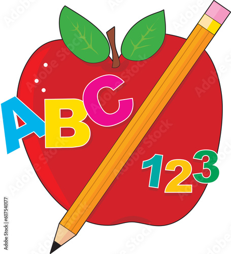 A red apple with a pencil ,the alphabet  and numbers
