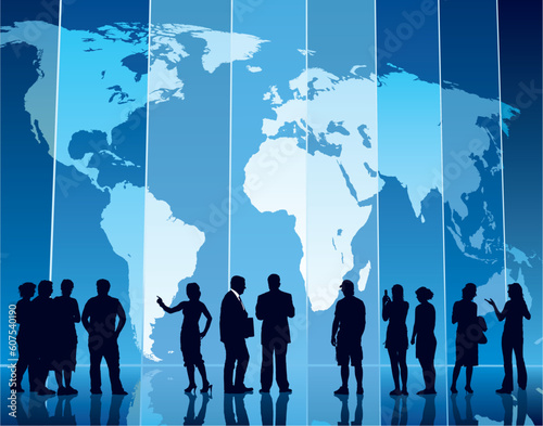 People are standing in front of a large map, conceptual business illustration. The base map is from Central Intelligence Agency Web site.