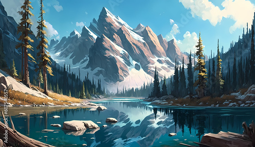 Towering Mountains under Clear Blue Sky, A Serene Landscape Rendered by Generative AI