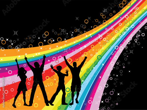 Silhouettes of people dancing on rainbow burst background