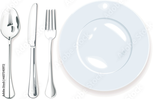 Vector image. Blue late, silver spoon, fork and knife