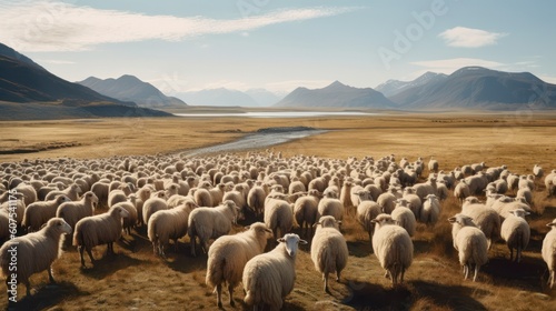 herd of sheep grazing in the meadow farms. Generative AI