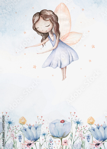 Fairy and Flowers watercolor isolated kids illustration for girls. Cartoon pink magic girl baby shower poster. Happy Birthday kid card