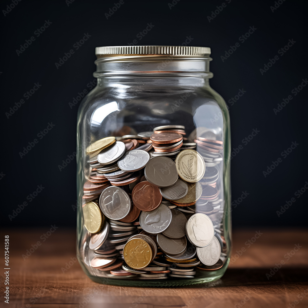 Money jar filled with international coins, symbolizing saving and finance. Money jar filled with international coins, symbolizing saving and finance.