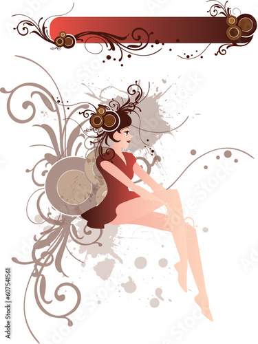 Pretty girl in red dress, with abstract brown hair and with grace legs. Splatters and curvy design elements in the background. Above the girl, you can find a nice banner with curves and decorative ele