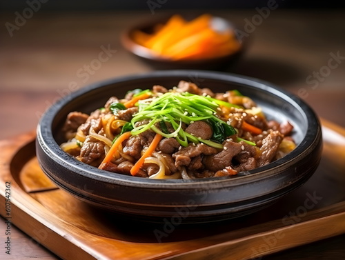 korean food. beef cooking. Bulgogi. korean table setting. Generative AI.