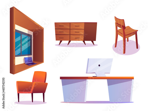 Living room furniture in boho style vector cartoon set of vintage lounge interior wooden table