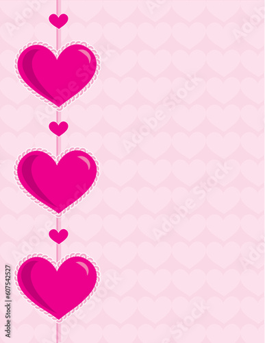 Three large pink hearts on a paler pink patterned heart background photo