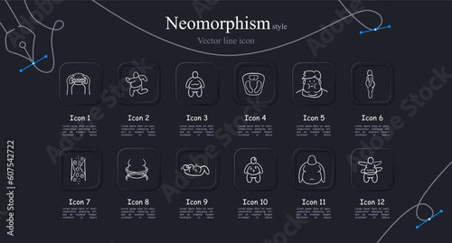 Set of vector icons representing obesity. Overweight person, body mass index, scale, tape measure, unhealthy food. Neomorphism style. Vector line icon for Business