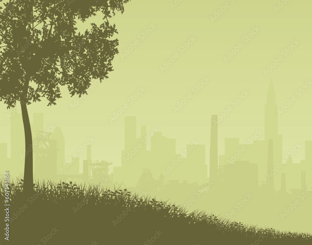 Editable vector illustration of a distant city skyline with foreground as a separate object