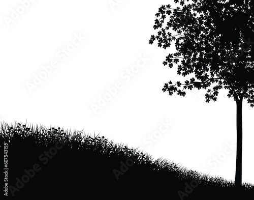 Editable vector silhouette with grassy bank and maple tree as separate elements