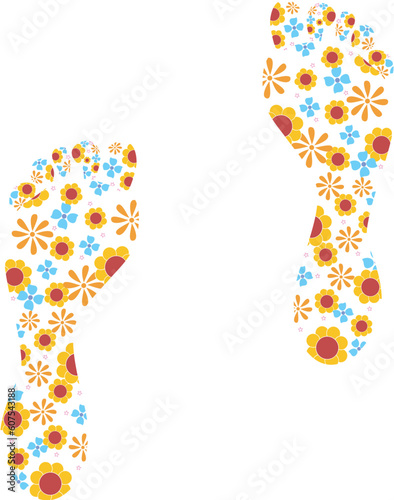 Vector illustration of brightly coloured, flower filled footprints
