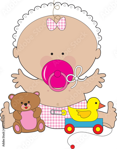 A baby girl with a huge pacifier in her mouth