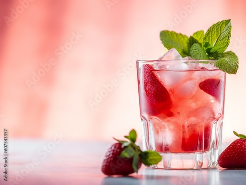 Summer strawberry homemade cocktail in shot glass with ice cubes, strawberry slice, green mint in elegant pastel pink color kitchen interior. Space for text, copy space