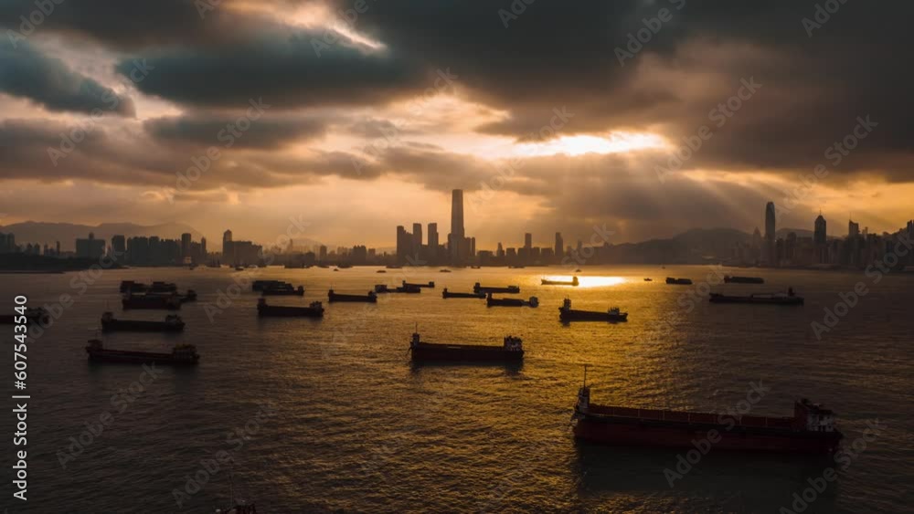 Timelapse Aerial View of cargo ships along the harbour with Hong Kong skyline in background at sunset, China. Timelapse Aerial View of cargo ships along the harbour with Hong Kong skyline in background at sunset, China.