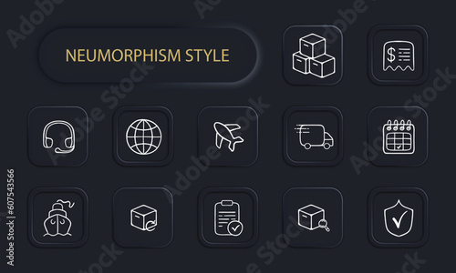 A set of vector icons representing the transportation of goods, featuring various modes of transport such as trucks. Neomorphism style. Vector line icon for Business
