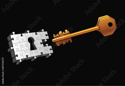 Vector key on black background with puzzle