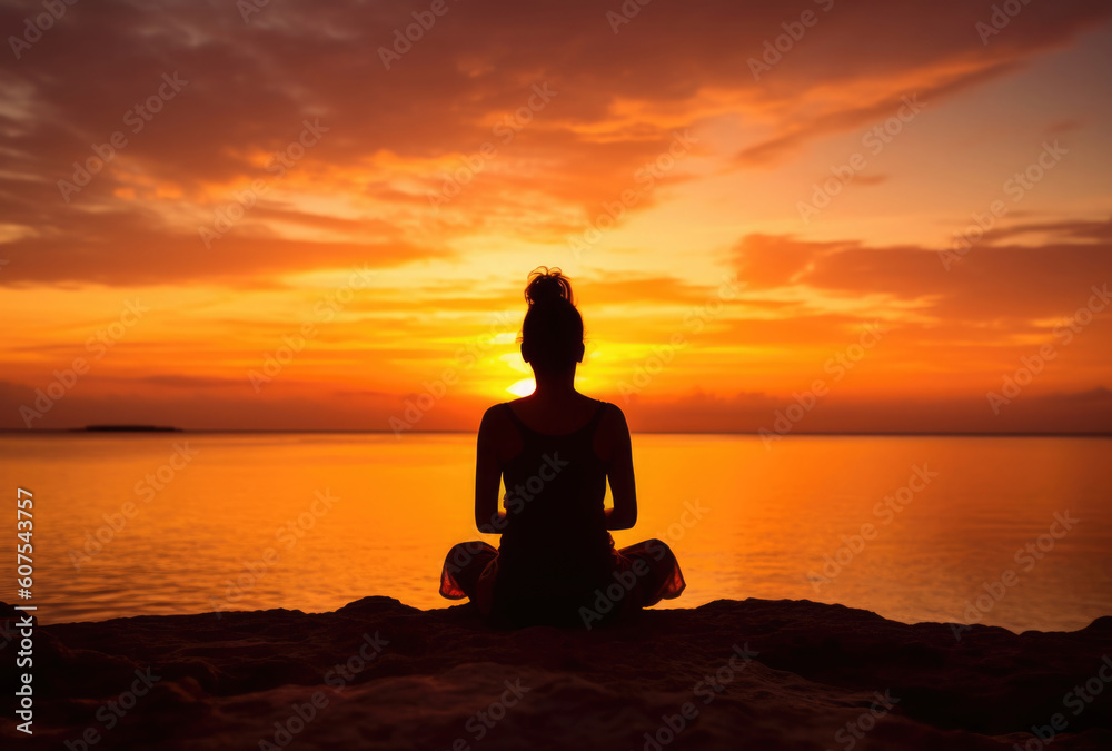 Frau meditiert am Meer mit Sonnenaufgang