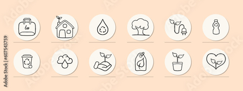 A collection of vector icons representing various forms of ecological energy, including solar power. Pastel color background. Vector line icon for business