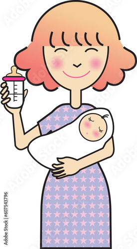 vector illustration for a mother holding her baby and bottle of milk