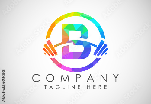 English alphabet B with a barbell low poly style. Lifting vector logo design. Vector logo for bodybuilding