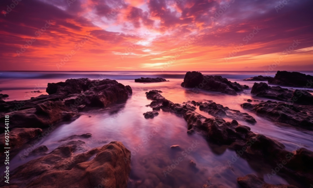Sonnenuntergang Meer mit Felsen - Leuchtende Farben mit Platz für Text