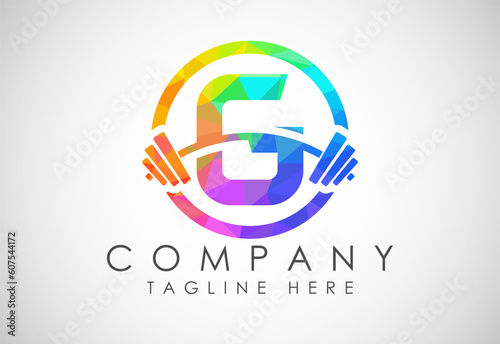 English alphabet G with a barbell low poly style. Lifting vector logo design. Vector logo for bodybuilding