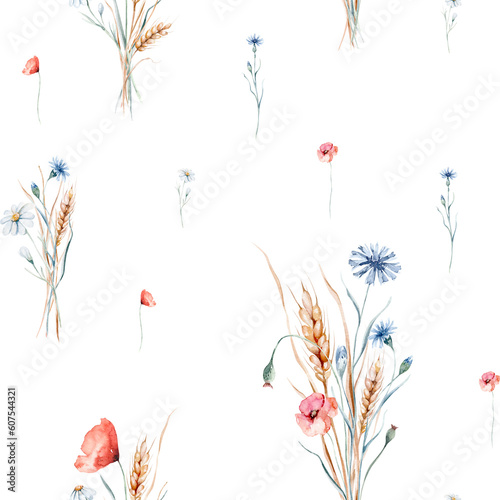 Watercolor wildflowers seamless pattern with poppy  cornflower chamomile  rye and wheat spikelets background