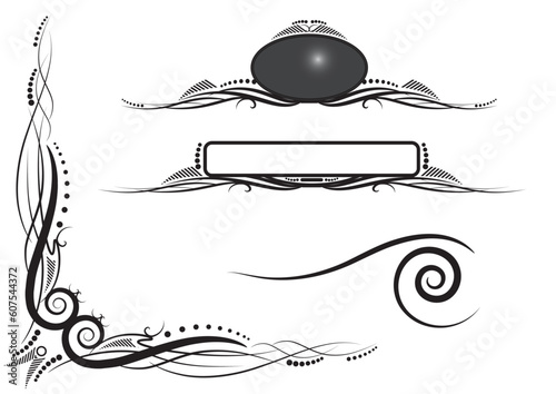 Corner piece and oval and rectangle panels with scrolls, dots and chevrons. Vector illustration with objects on separate layers to select easily