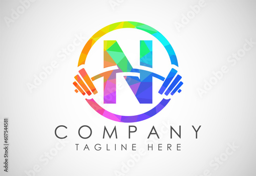 English alphabet N with a barbell low poly style. Lifting vector logo design. Vector logo for bodybuilding