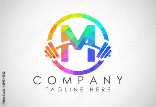 English alphabet M with a barbell low poly style. Lifting vector logo design. Vector logo for bodybuilding