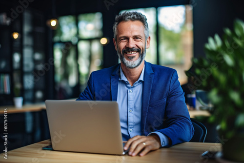 Smiling mid aged businessman ceo wearing suit sitting in office using laptop. Mature businessman professional executive. High quality photo Generative AI
