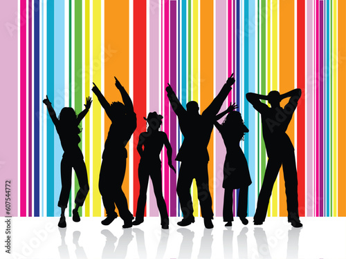 Silhoeuttes of people dancing on colourful striped background