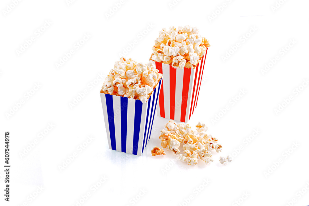 Glass with popcorn on a white background