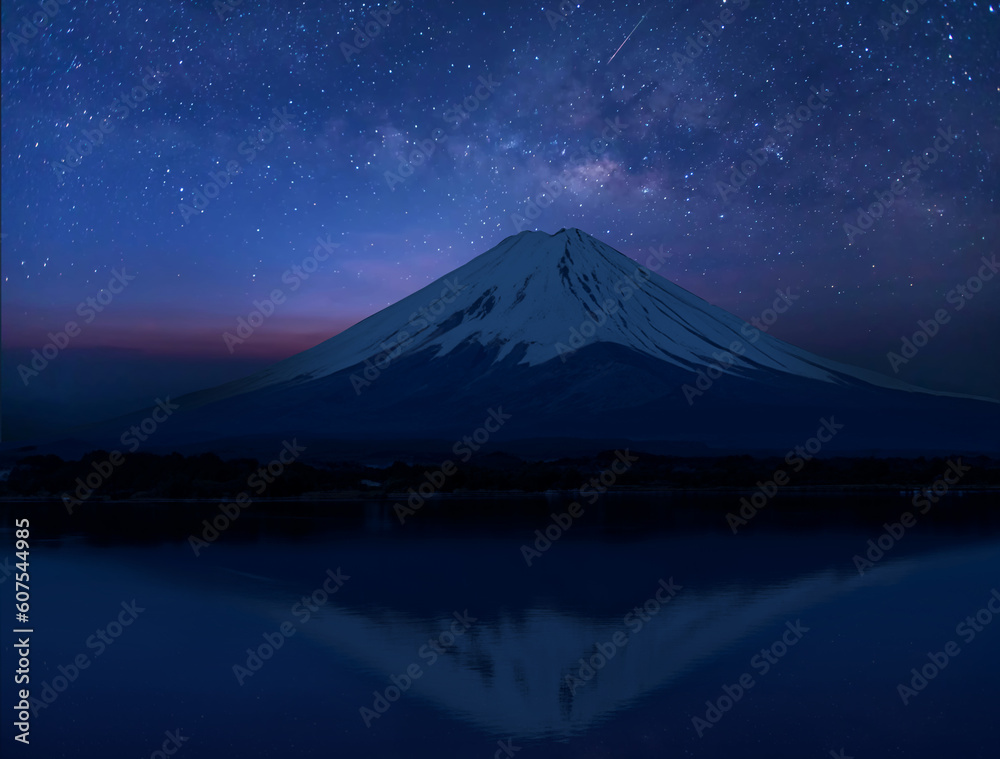 Japan icon Mt Fuji at night and  universe space and milky way galaxy with stars on night sky background.