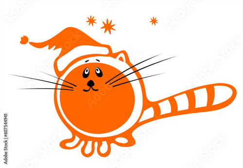 Stylized cat with christmas cap on  a white background. Digital illustration.