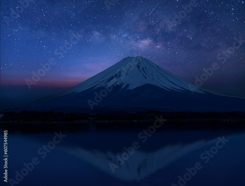Japan icon Mt Fuji at night and universe space and milky way galaxy with stars on night sky background.
