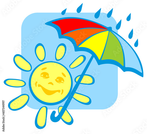 Ornate happy sun and umbrella on a blue sky background.