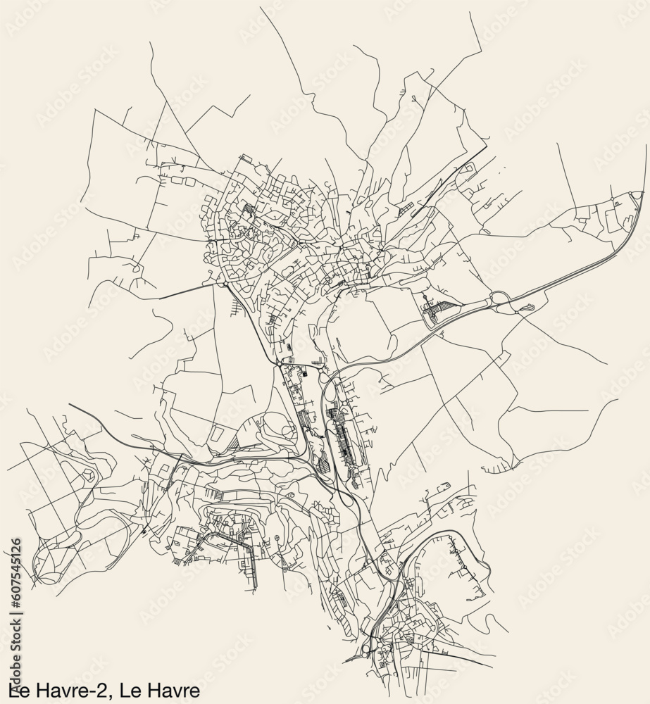 Detailed hand-drawn navigational urban street roads map of the LE HAVRE-2 CANTON of the French city of LE HAVRE, France with vivid road lines and name tag on solid background