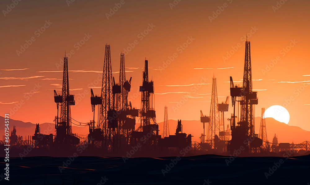 Obraz premium Engineering people manufacturing. Sunset silhouette of construction worker. Generative AI.