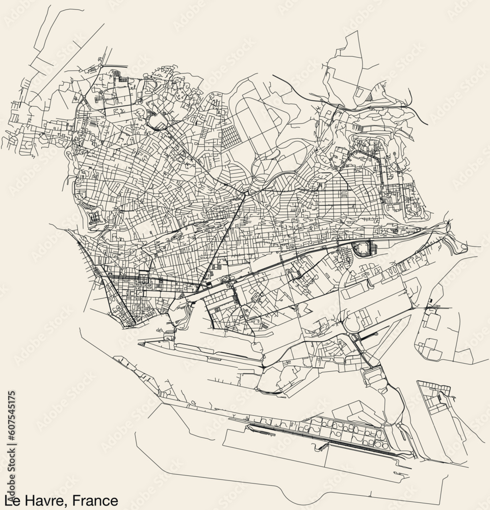Fototapeta premium Detailed hand-drawn navigational urban street roads map of the French city of LE HAVRE, FRANCE with solid road lines and name tag on vintage background