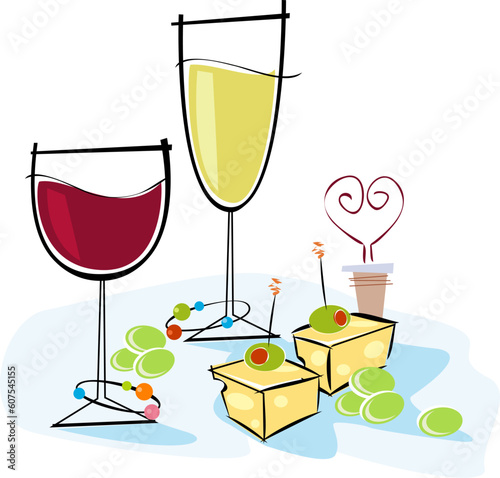 Retro-stylized cocktail spot illustration: Wine & Cheese