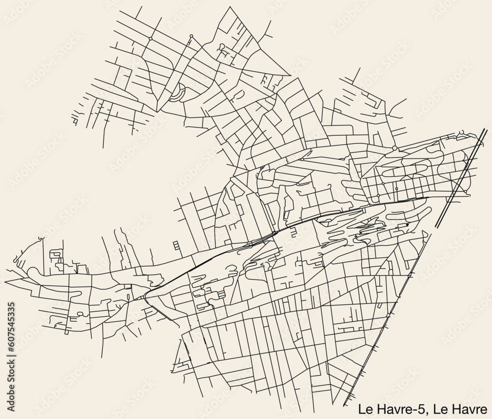 Detailed hand-drawn navigational urban street roads map of the LE HAVRE-5 CANTON of the French city of LE HAVRE, France with vivid road lines and name tag on solid background