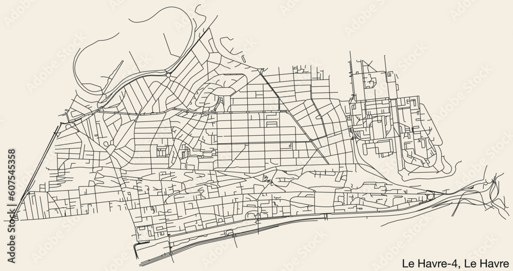 Detailed hand-drawn navigational urban street roads map of the LE HAVRE-4 CANTON of the French city of LE HAVRE, France with vivid road lines and name tag on solid background