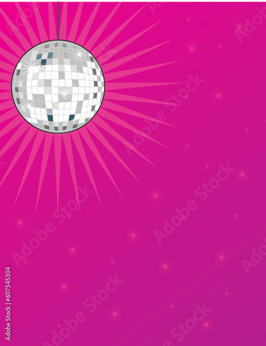 A shiny disco ball on a bright pink background with stars